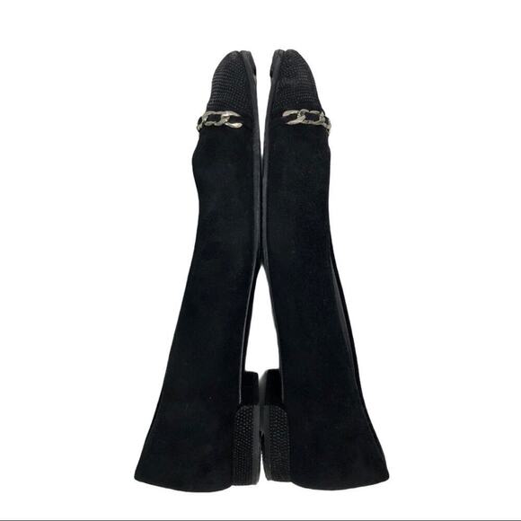Stuart Weitzman Legacy Cap Toe Ballet Loafers Flat Black Suede Chain Accent 6 - Picture 5 of 16